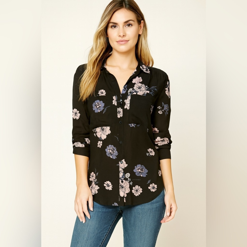 Cloth & Stone Anthropologie Floral Print Button Down Rayon Black Purple …